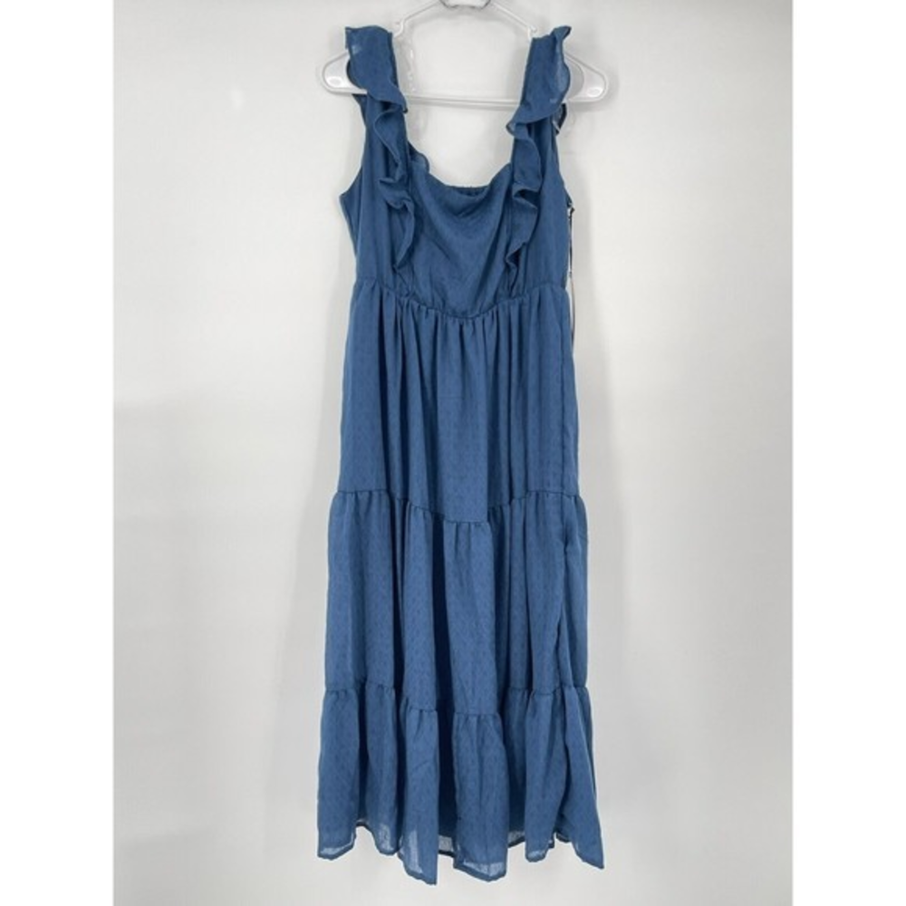 Penelope Rose Blue Ruffle Tiered Midi Dress Smocked‎ Bodice Women's Size M